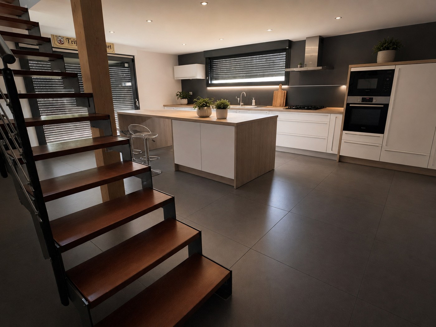 Maison à ossature bois, cuisine et îlot central